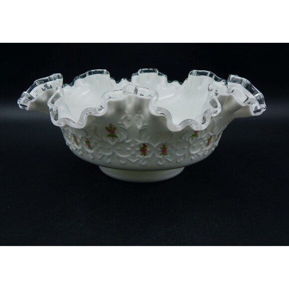 Fenton Silver Crest Spanish Lace Bowl Violets In The Snow 10 Inch Console - Picture 2 of 12